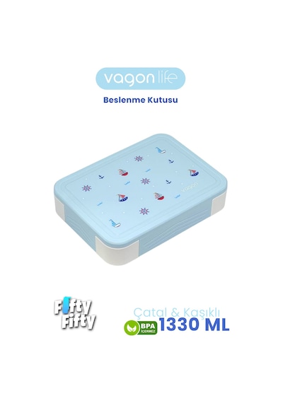 1330 Ml Tek Kat 6 Bölme Çocuk Beslenme Kutusu Çatal / Kaşık / Sos Kaseli -ffb1265 Mavi