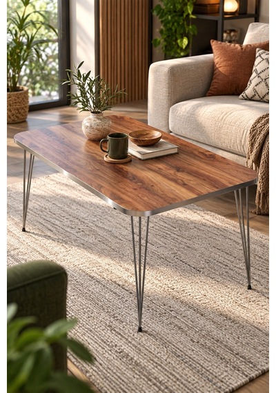 Sulorahome Gümüş Ceviz Desenli Orta Sehpa - Metal Ayaklı