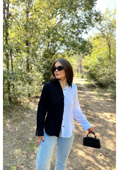 WeShaya Kadın Siyah & Beyaz Muslin Kumaş, Çift Bloklu, Eteği Oval, Uzun Kol, Regular Kesim Gömlek Siyah