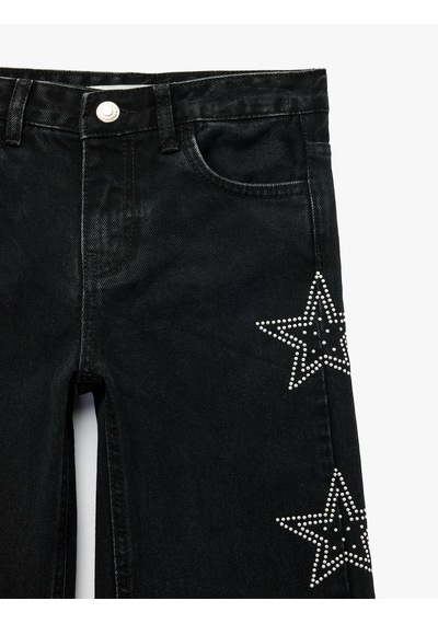 Koton Pamuklu Yıldız Desenli Geniş Paça Denim Pantolon Siyah 7wkg40030ad