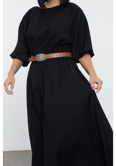 Ersefa Moda Stil Relaxed Bisiklet Yaka Midi Boy Büyük Beden Dokulu Balon Siyah