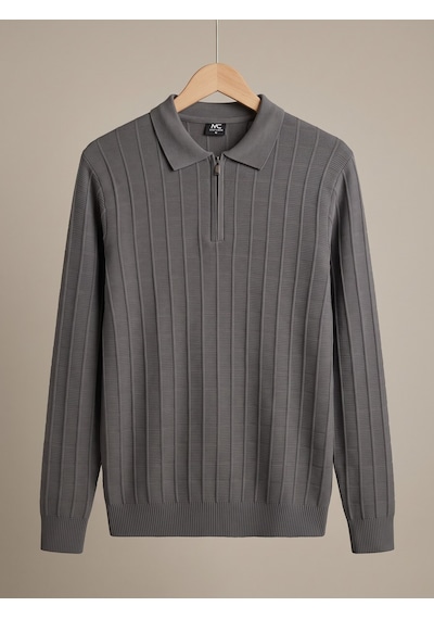 Maccali Erkek Antrasit Fitil Detaylı Fermuarlı Polo Yaka Triko Sweatshirt