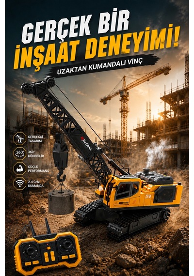 Işıklı Sesli Buharlı Metal Alaşım Uzaktan Kumandalı Rc Vinç Full Fonksiyon Paletli Vinç Sarı