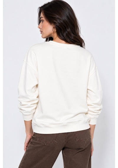 Mevese Kadın Taş İşlemeli Fiyonk Baskı Oversize Üç İplik Rahat Kesim Sweatshirt - Beyaz
