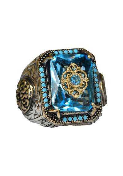 Erkekler İçin 925 Ayar Gümüş Yüzük Mavi Topaz Yapay Taşlı Gümüş