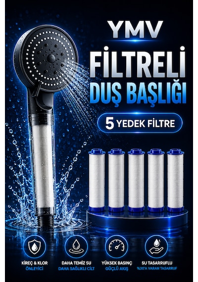 Ymv Filtreli Duş Başlığı Yüksek Basınçlı Banyo Başlığı Kireç Ve Klor Azaltıcı 5 Yedek Filtreli Su Tasarruflu Siyah