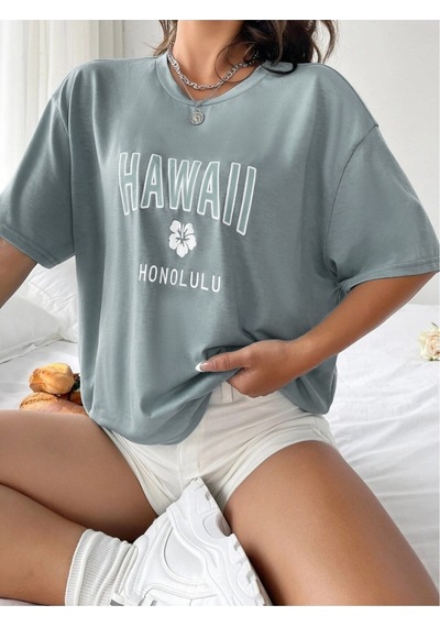 Flood Of Style Kadın Açık Mavi Hawaii Honolulu Baskılı Oversize Bisiklet Yaka Tişört Lacivert