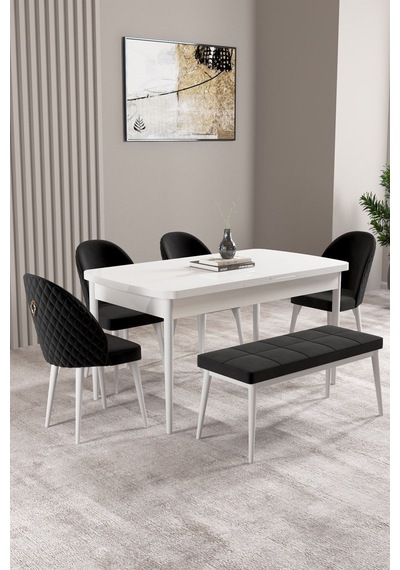 Milas Beyaz 80x132 Mdf Açılabilir Yemek Masası Takımı 4 Sandalye, 1 Bench Siyah