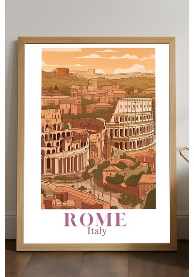 Rome Doğal Ahşap Çerçeveli Poster, Dekoratif Seyahat Duvar Tablosu