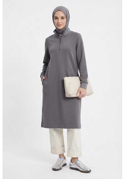 Armine Fermuar Detaylı Basic Tunik Gri