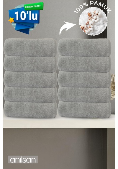 10'lu Gri El Havlusu - 50x90 Cm, 225 Gr, %100 Pamuk, Spa Ve Otel Havlusu, Günlük Kullanıma Uygun Gri