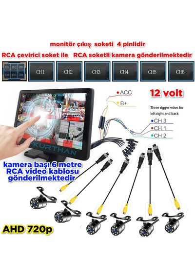 10 İnç 6 Ch 512 Gb Dokunmatik Usb Bsd Dvr Ekran Ahd 720p Rca Beyaz Ledli Kelebek Kamera 12 Volt