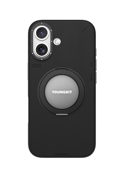 Apple Uyumlu iPhone 17 Kılıf M-safeli 360 Derece Standlı Basit Mat Deri Desenli Youngkit Tech Leather Kapak Siyah Siyah
