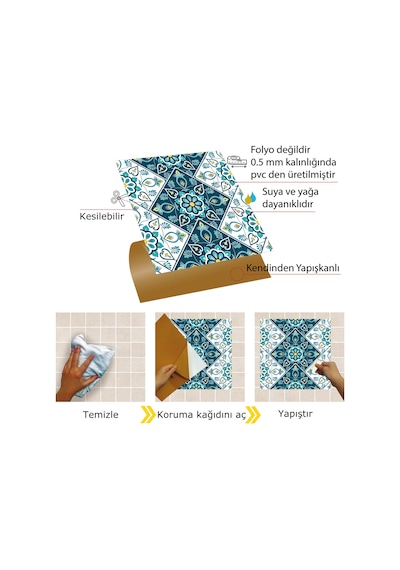 Tink Kendinden Yapışkanlı Turkuaz Çiçek Desenli Pvc Karo 30x30 Cm