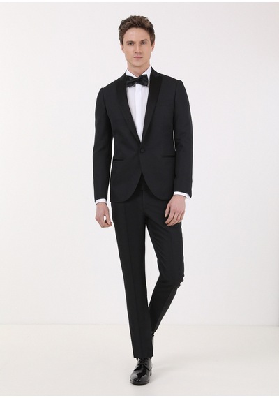 Ramsey Siyah Mikro Fashion Slim Fit Kruvaze Yaka Dokuma Smokin Takım Elbise