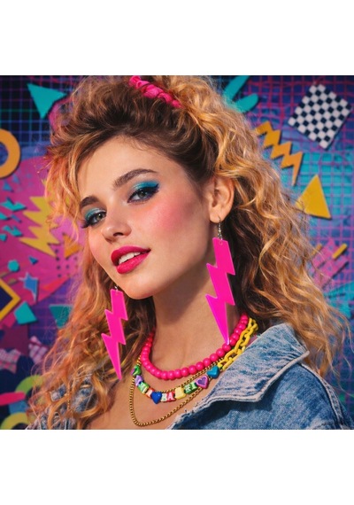 80 Ler 9039lar Retro Neon Pembe Şimşek Küpe 10 Cm "