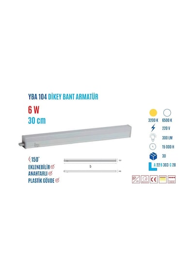 Ycl Yba-104b 6w 30cm Beyaz Led Bant Armatür Beyaz