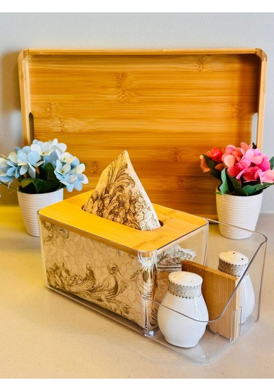 Bambu Kapaklı Plastik Peçetelik Ve Organizer, 25 X 12 X 10 Cm
