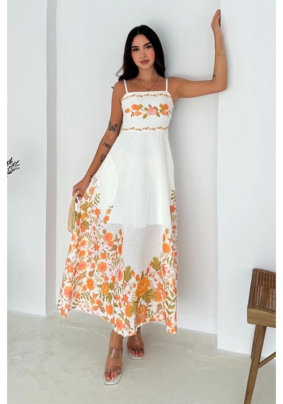 Asprin Fashion Keten Kumaş Çicek Desenli Elbise Beyaz