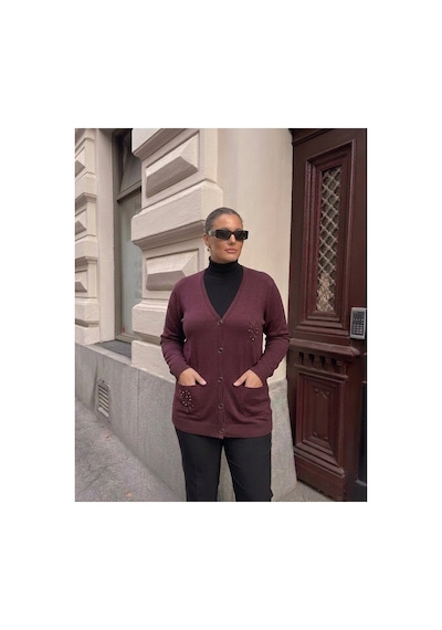 Onno Style Women Çelik Örgü Taş Aksesuarlı Klasik Triko Ceket Bordo