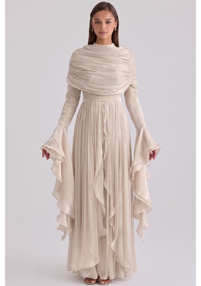 Olcay Çıkabilir Şal Detaylı Kolları Fırfırlı Yoryo İpek Tesettür Abiye Elbise Açık Taş 1245 Olcay Çıkabilir Şal Detaylı Kolları Fırfırlı Yoryo İpek Tesettür Abiye Elbise Açık Taş 1245