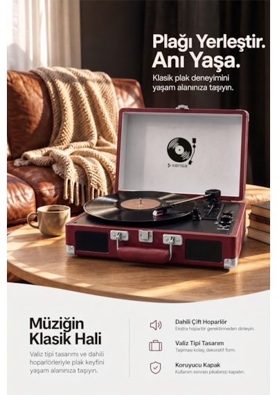 Kensa Bluetooth Lu Nostaljik Çantalı Pikap 33/45/78 Devir Dahili Bataryalı Plak Çalar Bordo