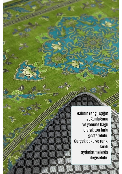 Zümrüt Bahçe Yeşil Turkuaz Klasik Desenli Saçaklı Dekoratif Halı 3044 -2