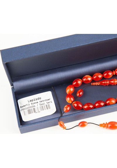 Özel Seri Sedefli Sıkma Kehribar Beyzi Kesim 9x12mm Tesbih Turuncu