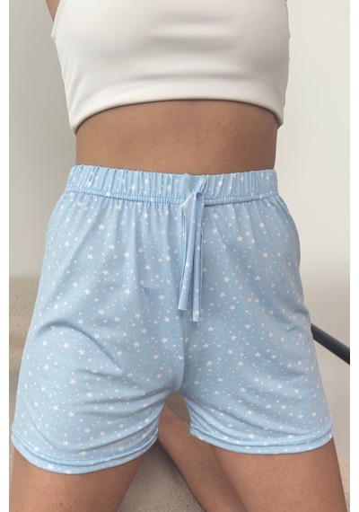 Giysa Kadın Beli Lastikli Yıldız Desenli Pijama Altı Şort Mavi - 26y 2602