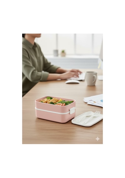 Lunch Box Kendinden Çatal Kaşıklı Estetik 2 Katlı Taşınabilir Yemek Kabı Pembe