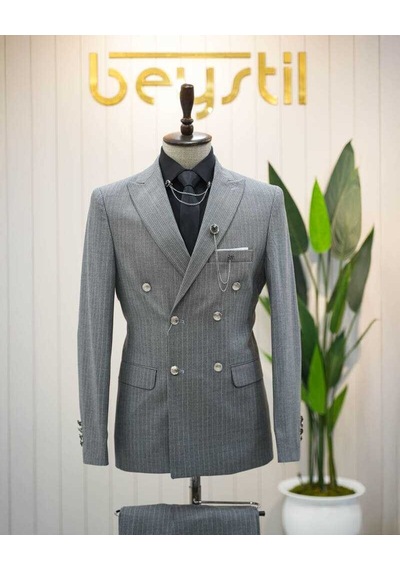 Beystil Sivri Yaka Gri Çizgili Kruvaze Takım Elbise Bezayak036- Slim Fit Gri