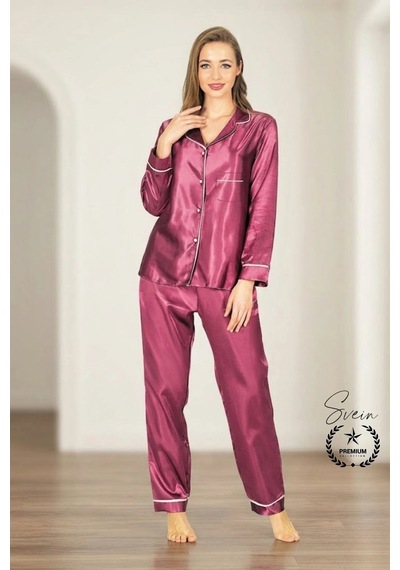 Svein Pijama Mor Saten Kadın Pijama Takımı Rahat Ev Giyim Günlük Ve Çeyizlik Nefes Alabilen Yumuşak Mor