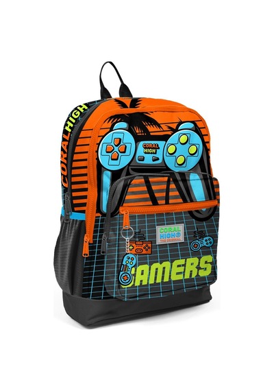 Coral High Kids Gri Turuncu Gamer Desenli Dört Bölmeli Okul Sırt Çantası 23746