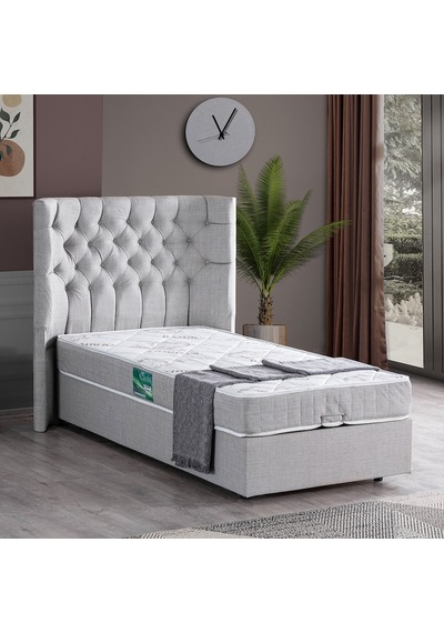 Setaymobilya Baza, Matilda Tek Kişilik Baza + Başlık + Comfort Yatak, Açık Gri