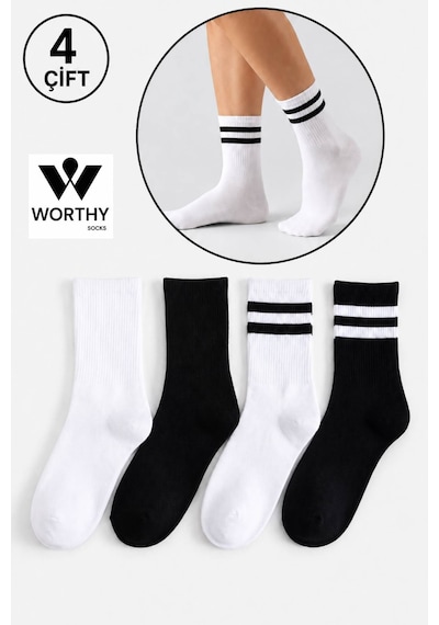 Worthy Socks 4'lü Kadın Siyah Beyaz Çizgili Düz Pamuklu Tenis Kolej Çorap Siyah-beyaz