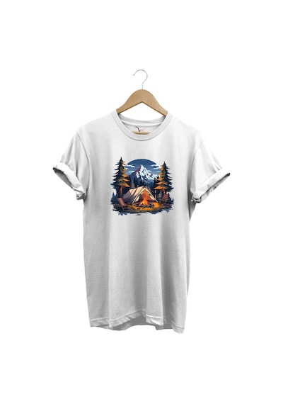 Yazlık Kamp Doğa Çadır Ve Dağ Baskılı %100 Pamuk Regular Fit Bisiklet Yaka T-shirt Beyaz