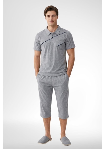 Mecit Pijama Mecit 4007 Gri Büyük Beden %100 Pamuk Kapri Erkek Pijama Takımı