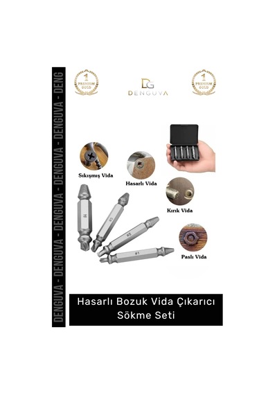 Premium 4 Başlıklı Paslanmaz Çelik Hasarlı Bozuk Vida Çıkarıcı Hasar Görmüş Vida Sökme Seti