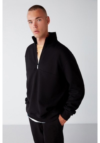 Grımelange Frame Erkek Yarım Fermuarlı Dik Yakalı Yumuşacık Kumaşlı Polarlı Regular Siyah Sweatshirt