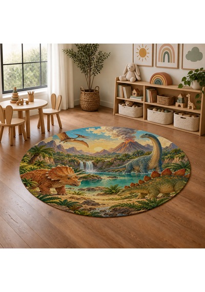 Kartela Halı Dinozor Vadisi Yuvarlak Çocuk Oyun Halısı Kaymaz Dot Taban Yıkanabilir 120 Cm Çap