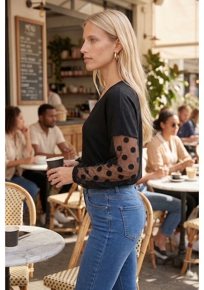 Armonika Kadın Siyah V Yaka Yarasa Kol Kolları Desenli Bluz Arm-26y001065