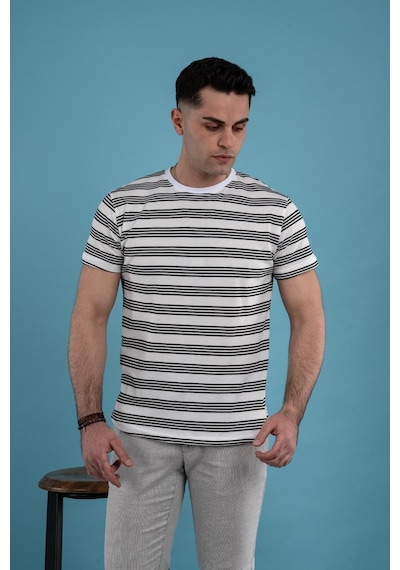 Slimfit Çizgili Örme Kumaş Erkek T-Shirt
