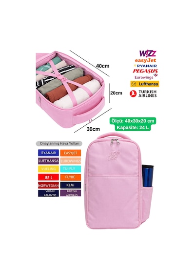 Jet Turtle Seyahat Sırt Çantası 40cm 40x25x15 Cm Pegasus, Wizz Air, Ryanair, El Valizi Koltuk Altı Valizi Pembe