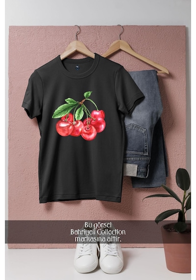Oversize Double Cherry Kiraz Tasarımlı Unisex T-shirt Siyah