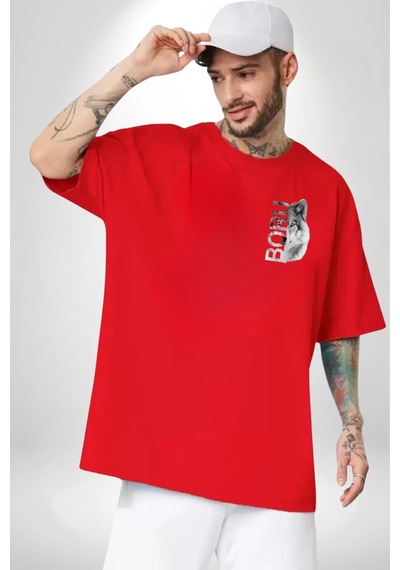Uluyan Beyaz Kurt Kırmızı Oversize Unisex Ön Ve Sırt Baskılı Tişört Kırmızı