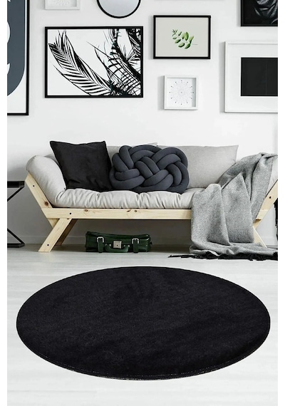 Raschel Carpet Siyah Lüks Raschel Taban Yıkanabilir Kaymaz Taban Yuvarlak Peluş Halı Yolluk Siyah