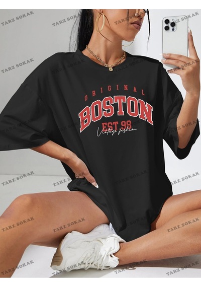 Startmore Unisex Bay Harfli Grafik Düşük Omuz Oversize Tişört Kod-1321 Siyah
