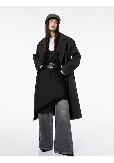 Koton Koton X Şahika Ercümen - Oversize Kaban Kaşe Uzun Düğmeli Cepli Kruvaze Antrasit 6wak00394ew Antrasit
