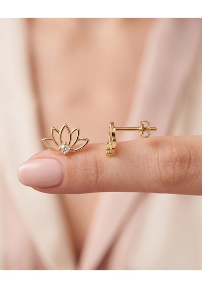 Minik Lotus Çiçeği 14 Ayar Altın Küpe