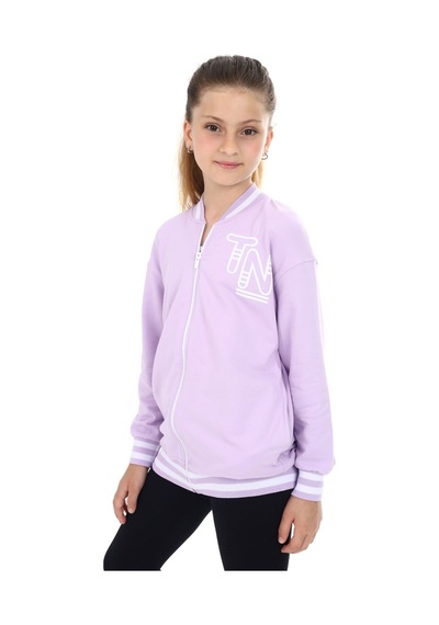 Toontoy Kız Çocuk Kolej Yaka Fermuarlı Düşük Omuz Baskılı Örme Hırka - 2 İplik Lila